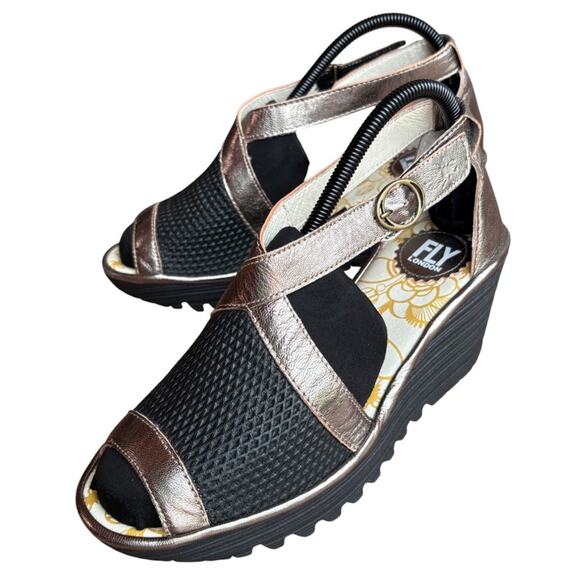 Fly London Gold Metallic + Black Perforated Leather Wedge Sandals size 40/9-9.5 - Picture 1 of 16